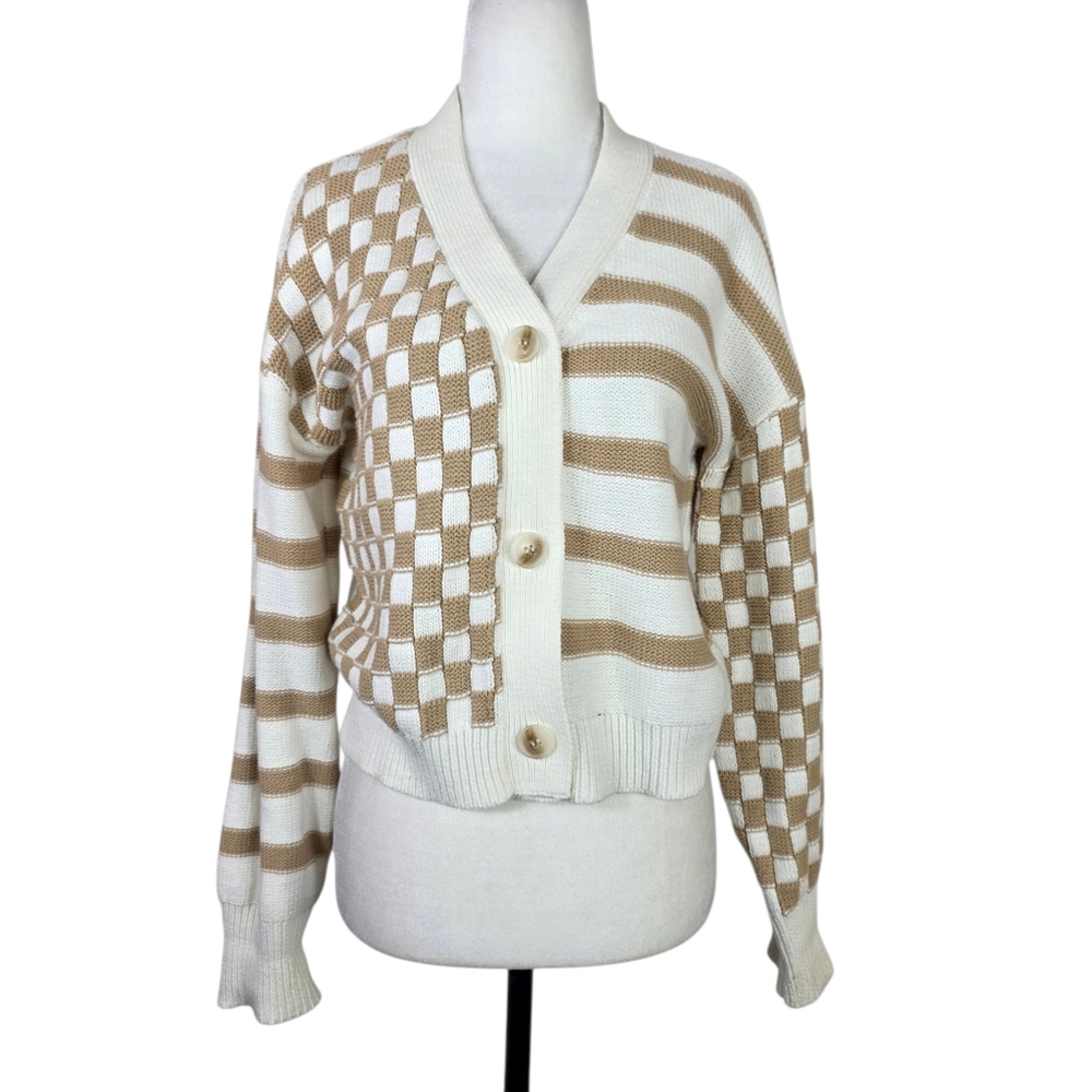 Moon & Madison knit mixed stripes and Check print V neck semi cropped cardigan